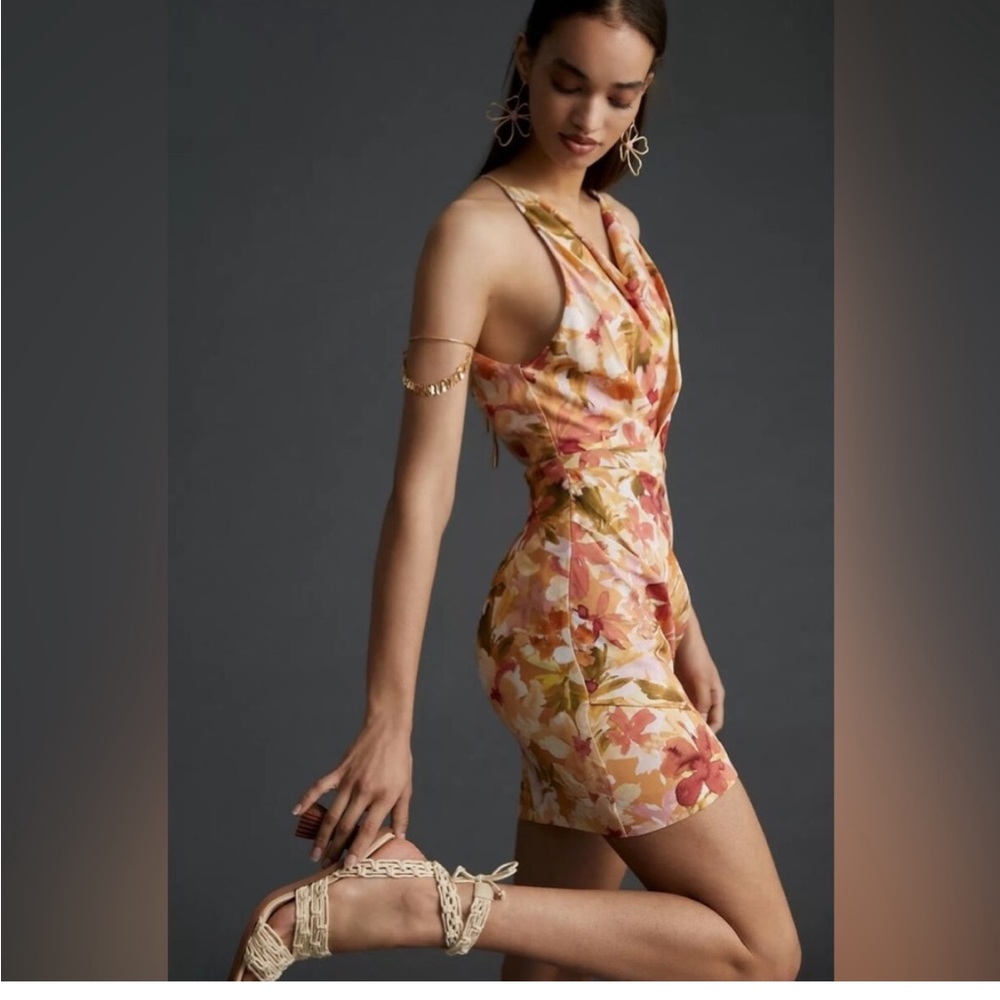Anthropologie SIGNIFICANT OTHER Chiara Floral Watercolor Tie Back Mini Dress.
